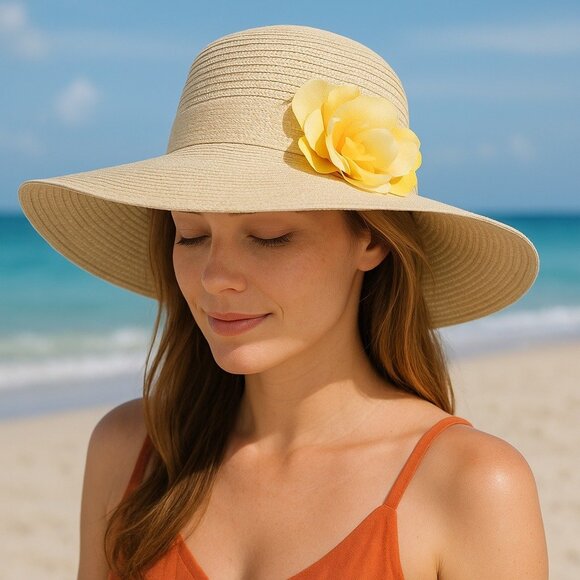 Cappelli Straworld Wide Brim Sun Hat with Yellow Flower Trim One Size Paper Brai - Picture 7 of 7